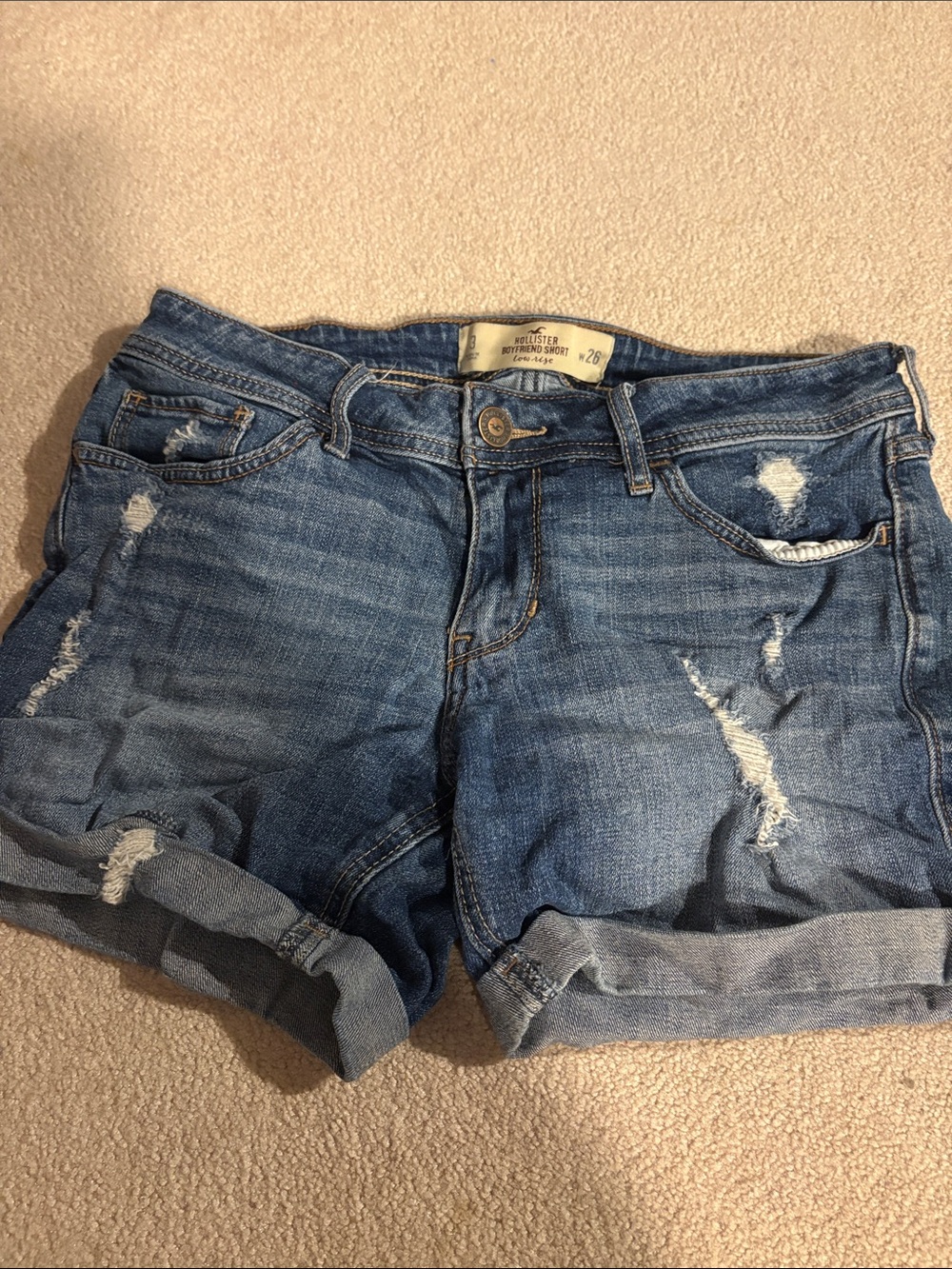 Hollister Rolled Hem Distressed Denim Shorts - Medium Blue